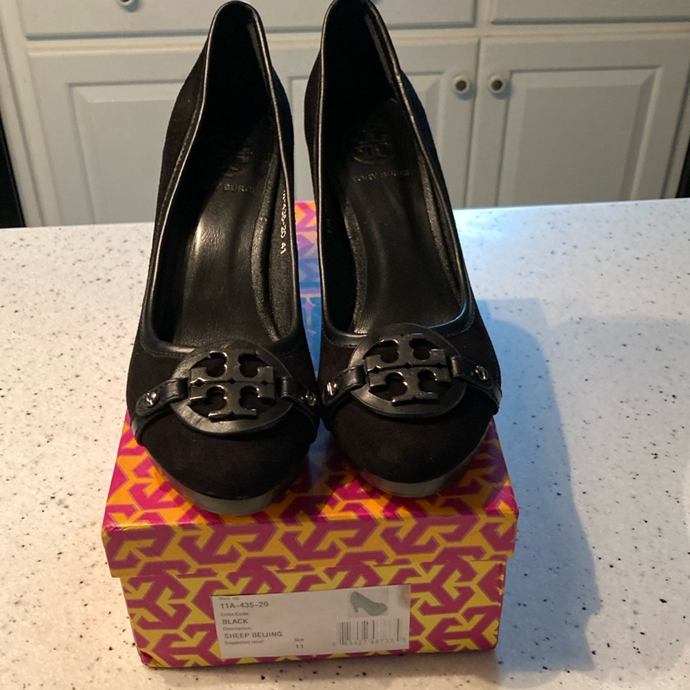 Womens Tory Burch platform black suede heels.